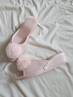 Peach John Gyaru Japan Pom-Pom Satin Slip-On Slippers in Light Pink